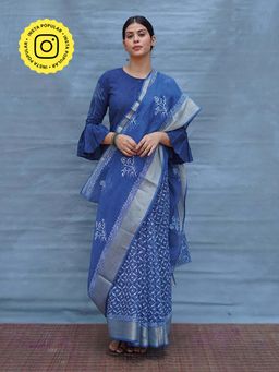 Chidiyaa - Indi Sea Longing Blue Block Printed Kota Doria Saree