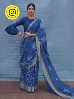 Chidiyaa - Indi Salt Love Blue Block Printed Kota Doria Saree