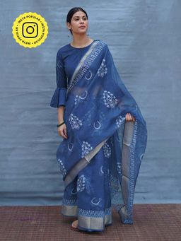 Chidiyaa - Indi Moon Water Blue Block Printed Kota Doria Saree