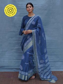 Chidiyaa - Indi Indigo Shore Blue Block Printed Kota Doria Saree
