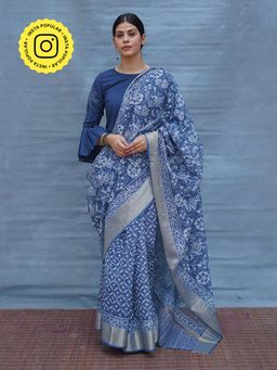 Chidiyaa - Indi Waiting Sea Blue Block Printed Kota Doria Saree