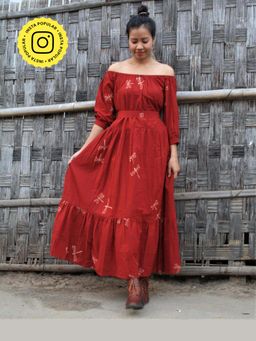 Chidiyaa - Red Dragonfly Blockprinted Offshoulder Cotton Dress
