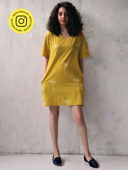 Chidiyaa - Yellow Blockprinted Cotton Shift Dress