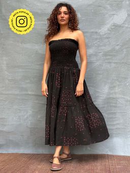 Chidiyaa - Crimson Earthrise Block Printed Cotton Black Dress