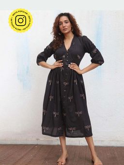 Chidiyaa - Laid Black Hand Block Printed Cotton Dress