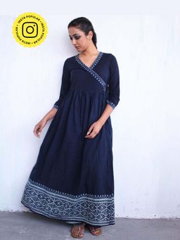 Chidiyaa - Blue Angarakha Border Block printed Cotton Dress
