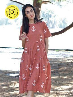 Chidiyaa - Peach Block printed Cotton Pleated Dress
