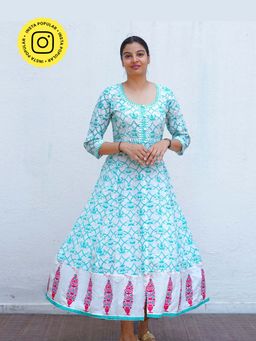 Chidiyaa - Chamomileas Calm Teal Green Block Printed Cotton Dress