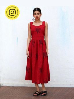 Chidiyaa - Isra Block printed Cotton Red Dress