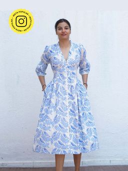 Chidiyaa - Neyra Ivory Blue Hand Block Printed Dress