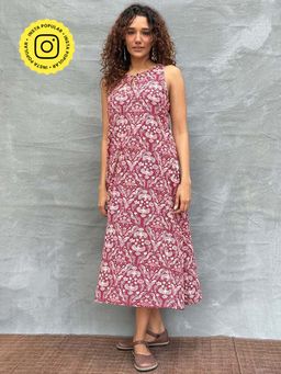 Chidiyaa - Maroon Feathered Grace Block Printed Cotton Dress