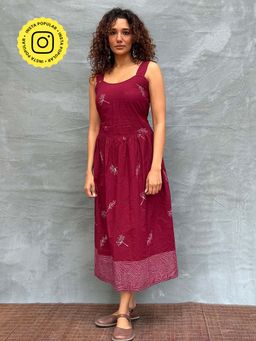 Chidiyaa - River song Block Printed Cotton Maroon Dress