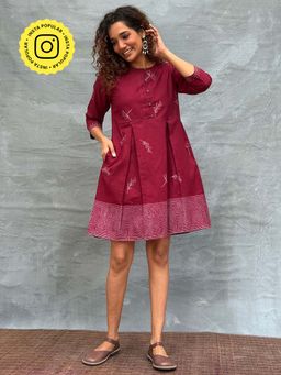 Chidiyaa - Maroon Honeydew Petals Block Printed Cotton Dress