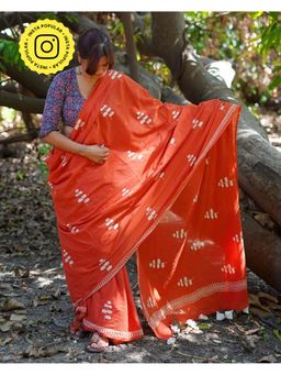 Chidiyaa - Mangor Tree Sunlit Afternoons Orange Hand Block Cotton Saree with Unstitched Blouse