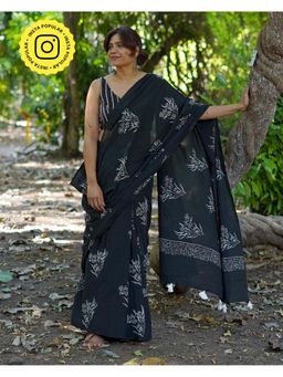 Chidiyaa - Umt Afternoon Nap Black Hand Block Cotton Saree with Unstitched Blouse
