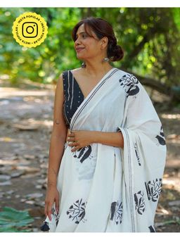 Chidiyaa - Umt Raat Ki Chaadar White Hand Block Cotton Saree with Unstitched Blouse