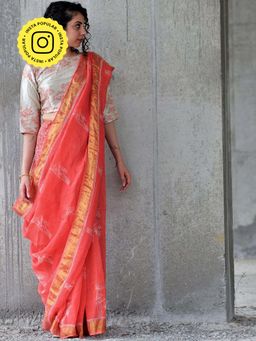 Chidiyaa - Coral Block Printed Saree Pure Handwoven Linen