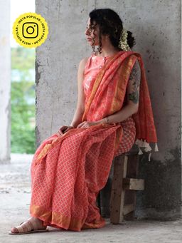 Chidiyaa - Coral Block Printed Saree Pure Handwoven Linen