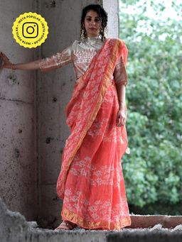 Chidiyaa - Coral Block Printed Saree Pure Handwoven Linen
