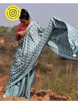 Chidiyaa - Flow Sea Blue Blockprinted Modal Silk Saree