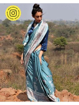 Chidiyaa - Flow Sea Blue Blockprinted Modal Silk Saree Dragonfly