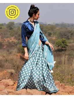 Chidiyaa - Flow Sea Blue Blockprinted Modal Silk Saree Bel