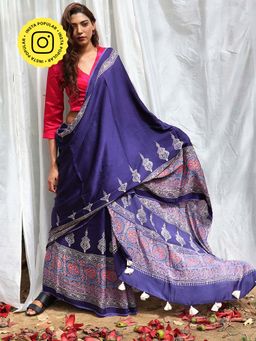 Chidiyaa - Kite Blue Modal Silk Blockprinted Saree