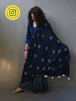 Chidiyaa - Blue Luna Block Printed Modal Silk Saree