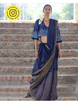 Chidiyaa - Anant Blue Block Printed Handwoven Linen Zari Saree
