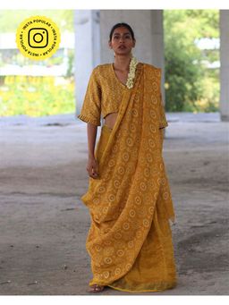 Chidiyaa - Anant Yellow Block Printed Handwoven Linen Zari Saree
