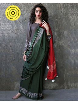 Chidiyaa - Green-Red Blockprinted Modal Silk Saree