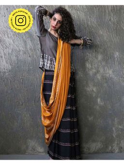 Chidiyaa - Yellow-Black Blockprinted Modal Silk Saree