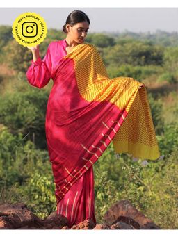 Chidiyaa - Rang Pink-Yellow Blockprinted Modal Silk Saree
