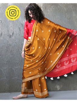 Chidiyaa - Yellow-Red Blockprinted Modal Silk Saree