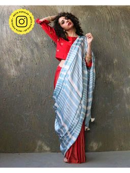 Chidiyaa - Red-Blue Blockprinted Modal Silk Saree