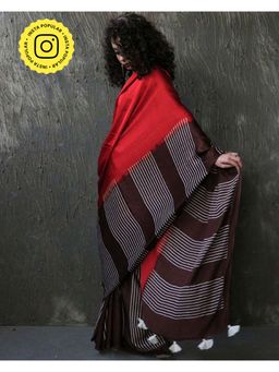 Chidiyaa - Red-Brown Blockprinted Modal Silk Saree