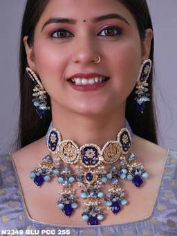 PINKCITY CRAFT - Regal Cascade Minakari Blue Choker with Pair Of Earrings