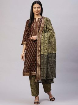 Biba - Black Cotton Unstitched Suit Set (Set of 3)