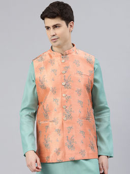 Manthan - Peach Art Silk Woven Design Nehru Jacket for Men
