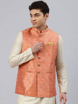 Manthan - Orange Art Silk Woven Design Nehru Jacket for Men