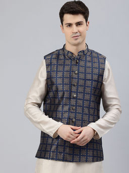 Manthan - Navy Blue Art Silk Woven Design Nehru Jacket for Men