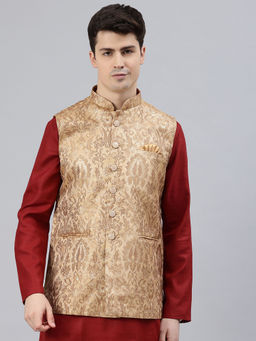Manthan - Fawn Art Silk Woven Design Nehru Jacket for Men