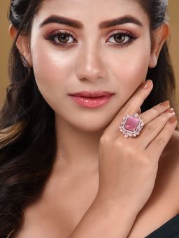 Saraf RS Jewellery - Rose Gold Plated Pink Ad Studded Designer Adjustable Finger Ring