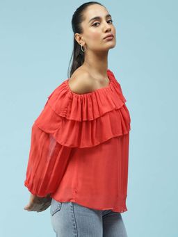 Label Ritu Kumar - Red Ruffled One Shoulder Top