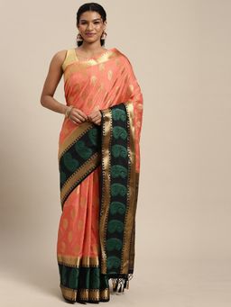 Mimosa - Women's Kanjivaram Art Silk Peach Saree with Unstitched Blouse