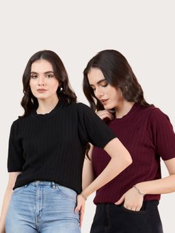 CLAPTON - Multi-Colour Women Self Design Round Neck T-Shirts (Pack of 2)