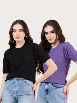 CLAPTON - Purple Women Self Design Round Neck T-Shirts (Pack of 2)