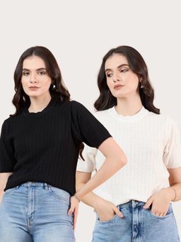 CLAPTON - White Women Self Design Round Neck T-Shirts (Pack of 2)