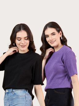 CLAPTON - Purple Women Self Design Round Neck T-Shirts (Pack of 2)