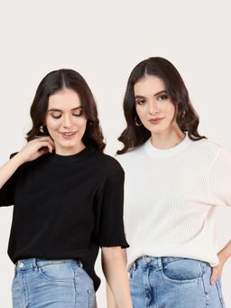 CLAPTON - White Women Self Design Round Neck T-Shirts (Pack of 2)